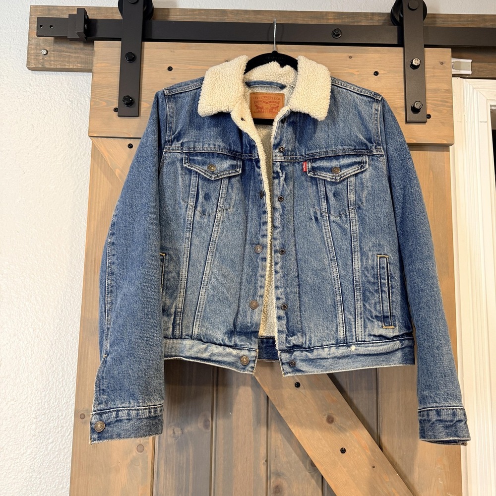 Levis Jacket Womens M Blue Jean SHERPA COLLAR Denim Trucker Button Front Warm - Picture 2 of 16